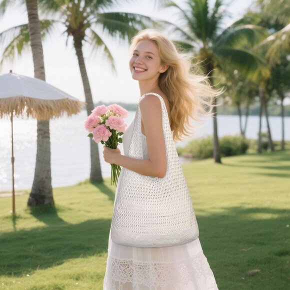 Women's Pure White Shoulder Shopping Handbag Casual Travel Totes Fold Able Bags - Picture 4 of 7